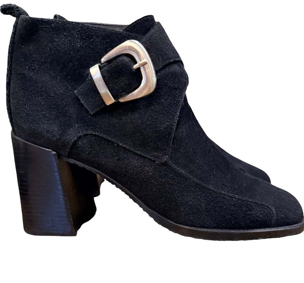 Hillard & Hanson Ankle Boots Size 8.5M Black Suede Buckle Block Heel